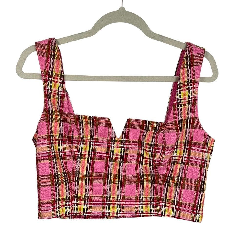 Maeve by Anthropologie US 10 Pink Plaid Structured Corset Bustier Top